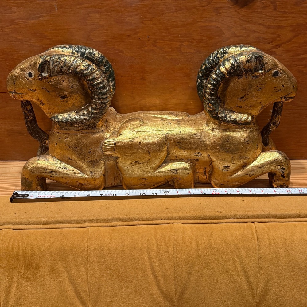 Gold Gilt Leaf Gilded Twin Ram Carving Antique Hand-Carved Architectural Element